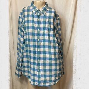L. L. Bean men’s linen blue green white gingham plaid long sleeve shirt large